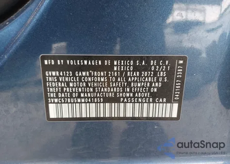 2021 Volkswagen Jetta 1.4T R-Line/1.4T S/1.4T Se из США, поврежденный, VIN 3VWC57BU5MM041859